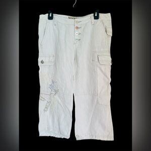 ANTHROPOLOGIE X Mur Mur 100% Linen Cargo Capri Women’s M Embroidered Bird Y2K